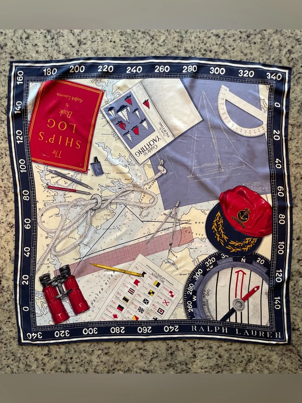 Pristine vintage Ralph Lauren 100% silk “explorer” Nautical scarf 35”X 35”
